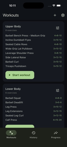 Lista de treinos do LiftWork, com os exercícios de cada um