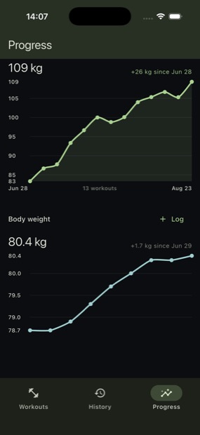 Gráficos de carga e de peso corporal ao longo do tempo