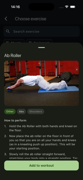 Pré-visualização de um exercício, com foto e instruções de execução