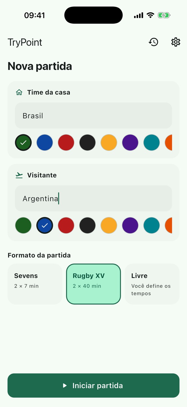 Tela de nova partida com os campos de nome e cor dos times e a escolha do formato