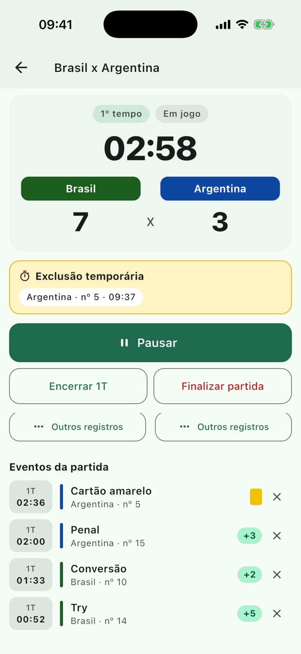 Partida ao vivo mostrando cronômetro em 02:58, placar Brasil 7 x 3 Argentina, aviso de exclusão temporária e lista de eventos