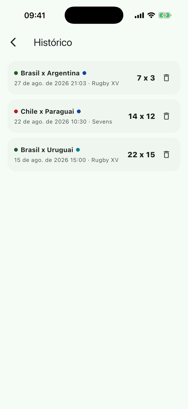 Histórico com a lista de partidas salvas no aparelho