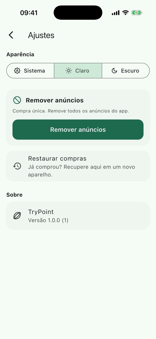 Tela de ajustes com as opções de aparência e de compra